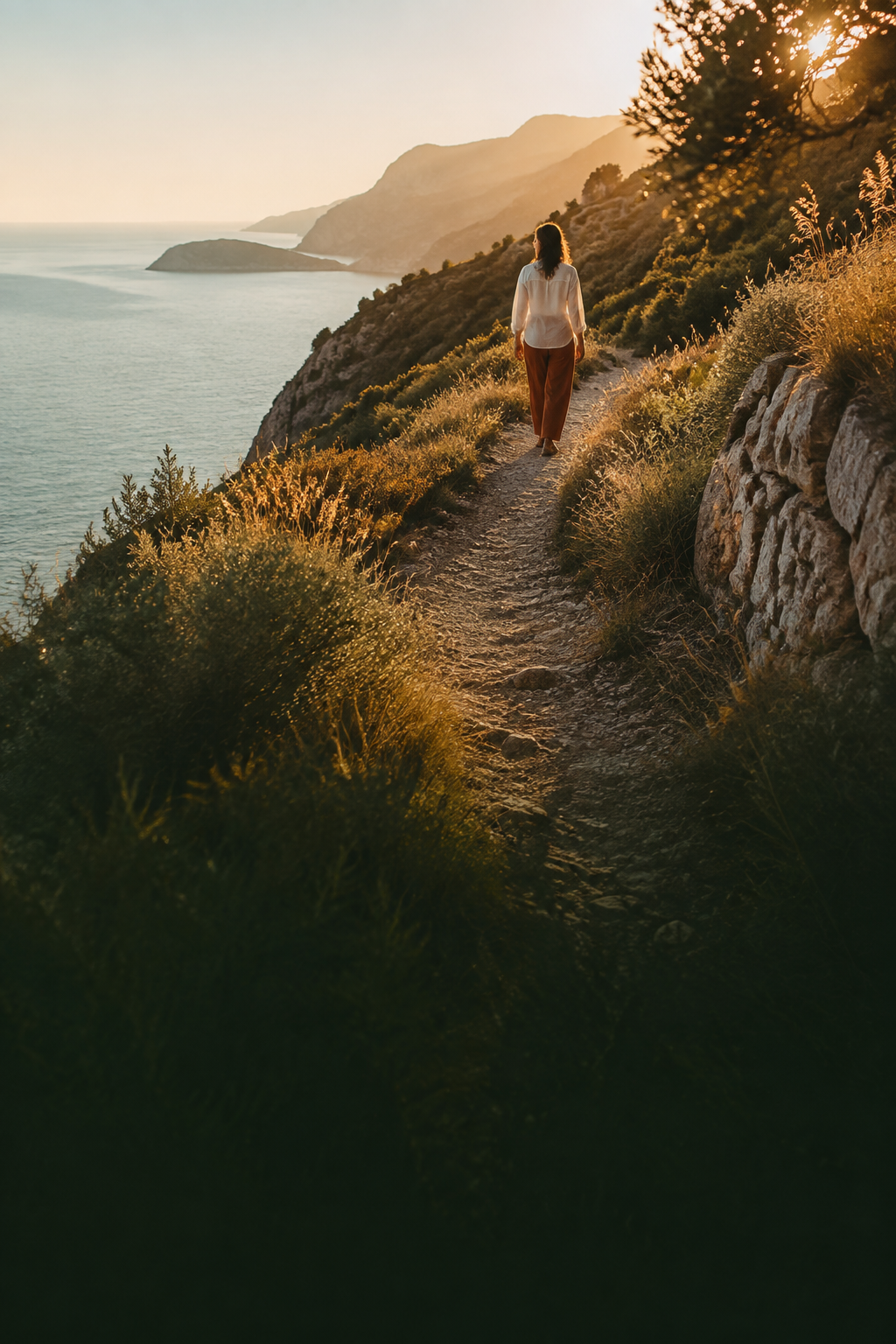 Una mujer recorriendo un sendero junto al mar