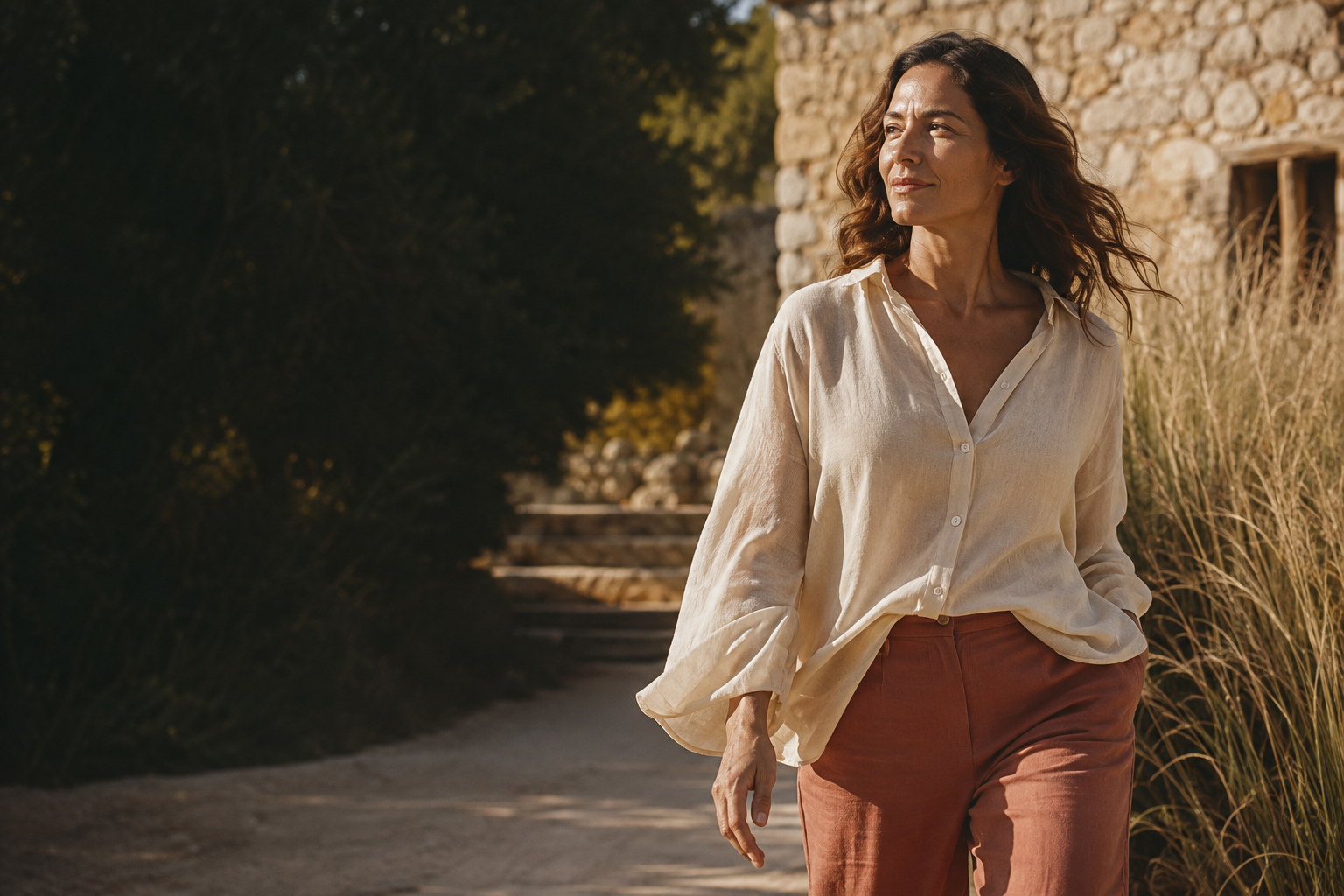 Mujer caminando al aire libre bajo la luz del sol